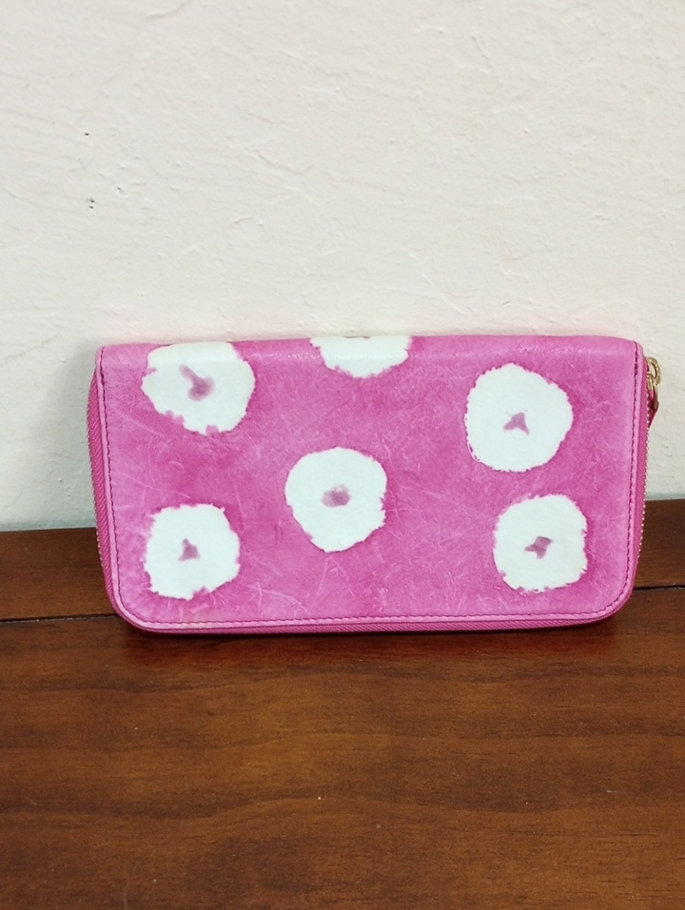 Anthropologie Pink And White Floral Zip Around Continental Leather Wallet